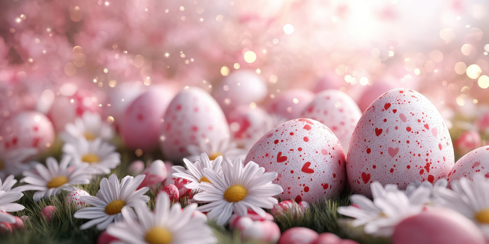 Colorful decorated eggs surrounded by daisies create a festive Easter atmosphere in a spring garden